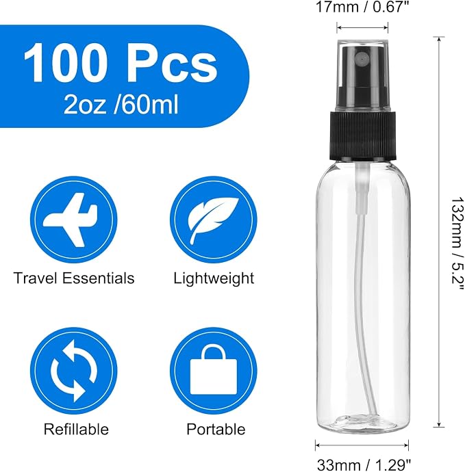 uxcell 100Pack Spray Bottles, 2Oz/60ML Clear Empty Mist Plastic Mini Travel - Image 2