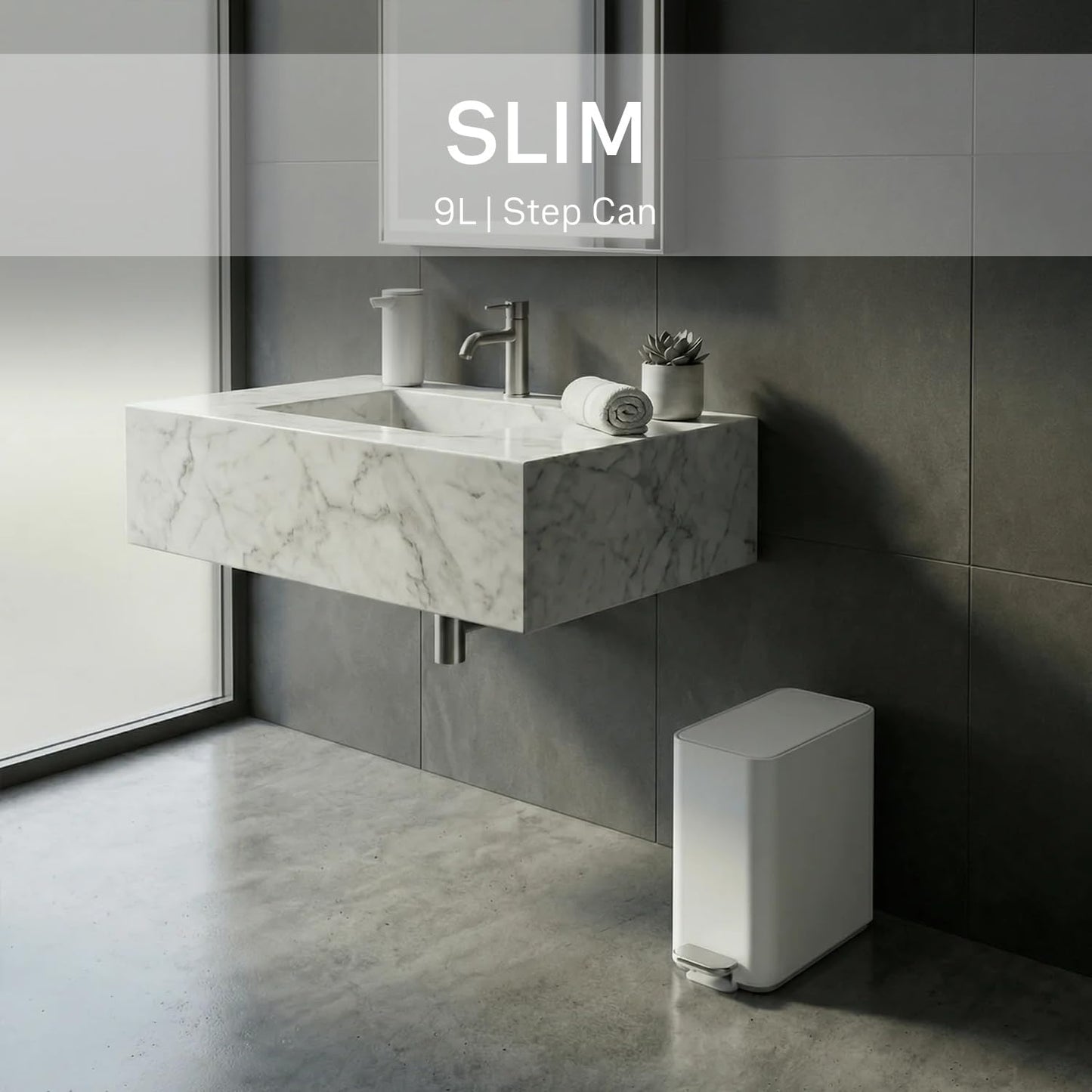 simplehuman Slim Step Can, 9L / 2.4 Gallon Primary Bathroom Trash Can, Liner Pocket®, Sleek Internal Hinge, 150,000-Step All-Steel Pedal, Lid Shox® Silent Close, White Steel