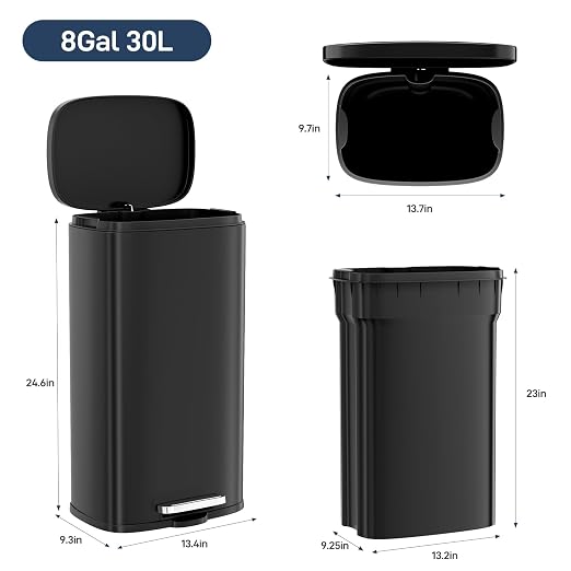 Arlopu 8 Gallon Step Trash Can, Stainless Steel Garbage Bin, Soft-Close Rubbish - Image 2