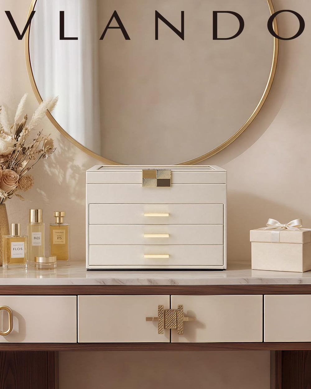 VLANDO Jewelry Box Organizer, 4-Layer Storage with Glass Window