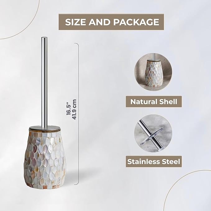 Escenzy Modern Toilet Brush and Holder Set | Natural Shell Mosaic Glass | - Image 6