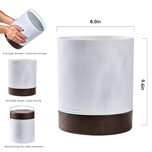 Polytree White Marble and Brown Wood Round Wastebasket, Resin Small Round - Image 4