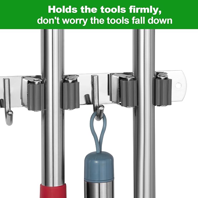 voze 5 Racks and 4 Hooks Mop and Broom Holder Wall Mount, Self Adhesive Heavy - Image 4