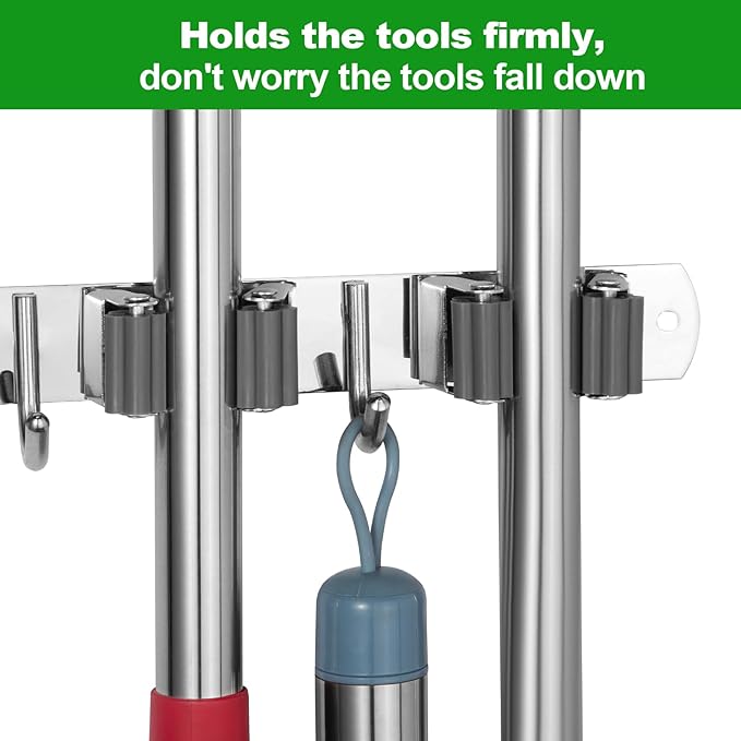 voze 5 Racks and 4 Hooks Mop and Broom Holder Wall Mount, Self Adhesive Heavy - Image 5