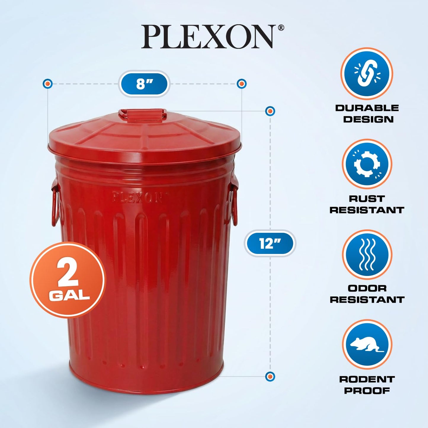 Plexon 2 Gallon Small Metal Trash Can with Lid Bathroom Garbage Can with Lid Bathroom Trash Can for Bedroom Office Kitchen Indoor Waste Basket, Round Powder Coated Red Bucket