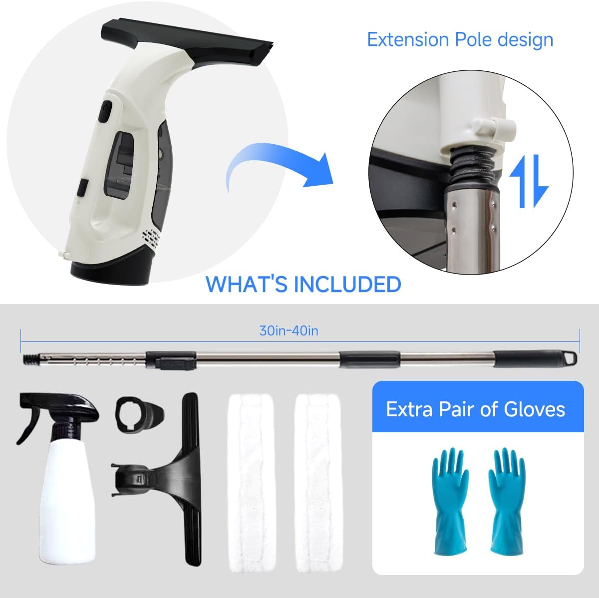 Cordless Window Vacuum Cleaner, Electric Squeegee with 2000Pa Suction, 30-40 in. Adjustable Extension Pole, 11 in. Blade for High Windows, Shower Doors, Mirrors, Tiles & Car Glass
