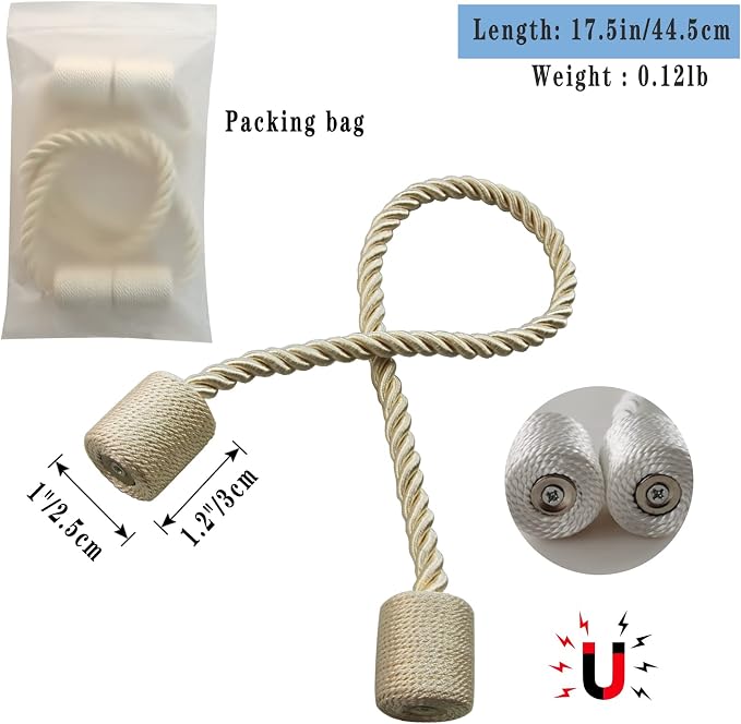 Magnetic Curtain Tiebacks 4 Pack Beige Curtain Rope Tieback Curtain Holders - Image 2