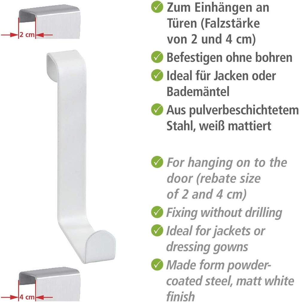 WENKO Crochet de porte blanc mat lot de 4 - Tringle de porte 4 crochets, Acie...