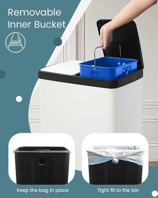 Dual Compartment Stainless Steel Trash Can, 16 Gallon / 60 Liters White Kitchen - Image 4