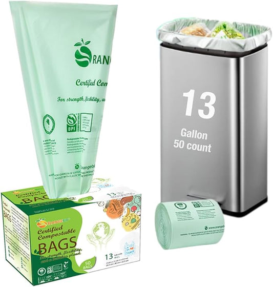 100% Home Compostable Trash Bags 13 Gallon Tall Kitchen, 0.9 Mil, Kitchen by OrangeBio