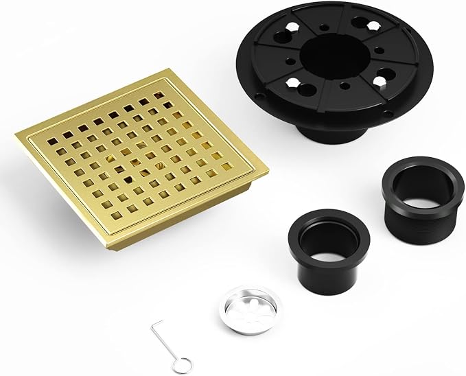 Shower Drain Brushed Gold 6 Inch, Square Floor Drain, Stainless Steel Drain Kit - Image 6