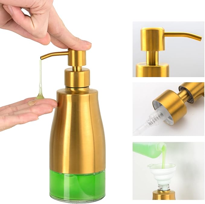 Gaussra Soap Dispenser with Coaster and Stickers, Brushed Gold Stainless Steel - Image 6
