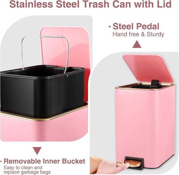 Small Bathroom Trash Can with Lid Soft Close, 1.8 Gallon Stainless Steel - Image 3