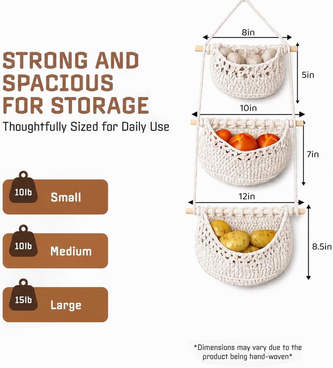 Cotton Hanging Fruit Basket, 3 Tier Woven Wall Basket, Hanging storage baskets for Kitchen and Bathroom, Macrame Wall Hanging, Boho Decor Over The Door Organizer, White