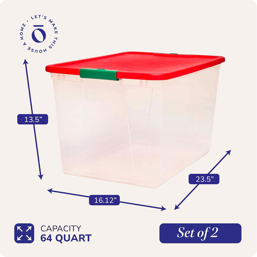 HOMZ Clear Plastic Storage Bin with Secure Latching Red Lid, 64 Qt, 2 Pack