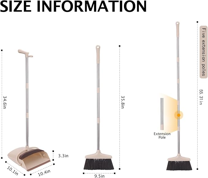 Broom and Dustpan Set with Long Handle, Light Weight Stainless Steel Poles - Image 2