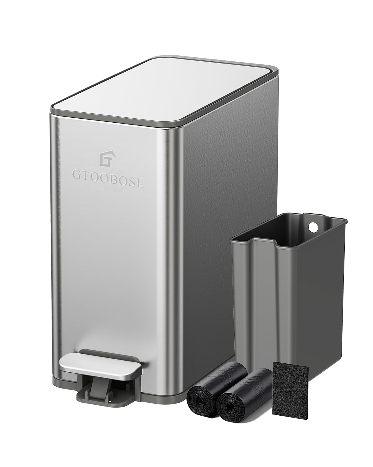 6L/1.6G Slim Bathroom Trash Can, Narrow Stainless Steel Soft-Close Step Pedal Bin with Lid, Odor-free Carbon Box, Removable Inner Bucket, Matte Small Waste Bin for Bedroom, Office, RV(Silver)