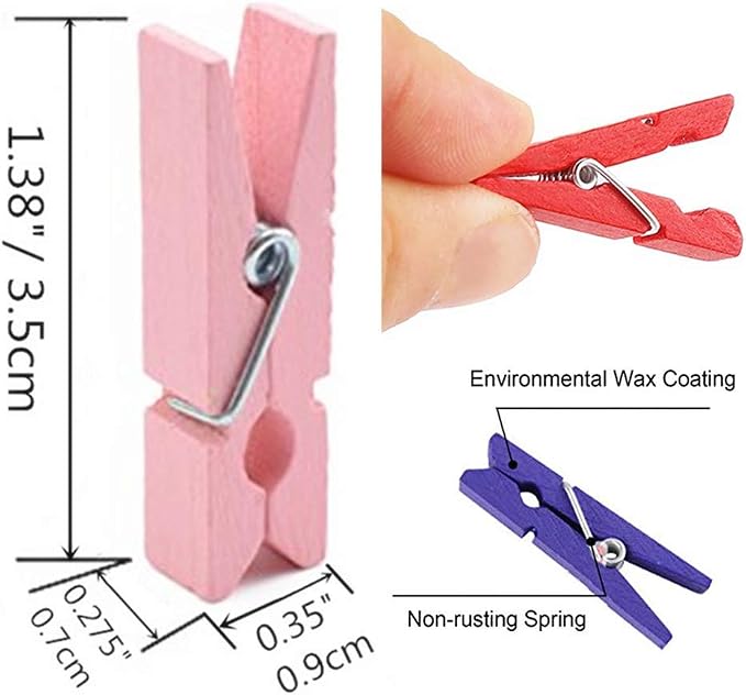 DurReus Sturdy Clothes Pegs Clamps DIY Craft Mini Colored Wood Clothespins Clip - Image 3