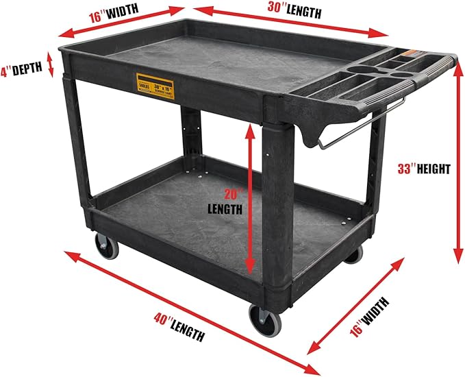 Utility Service Cart, 2-Shelf 500LBS Heavy Duty Plastic Rolling Utility Cart - Image 3