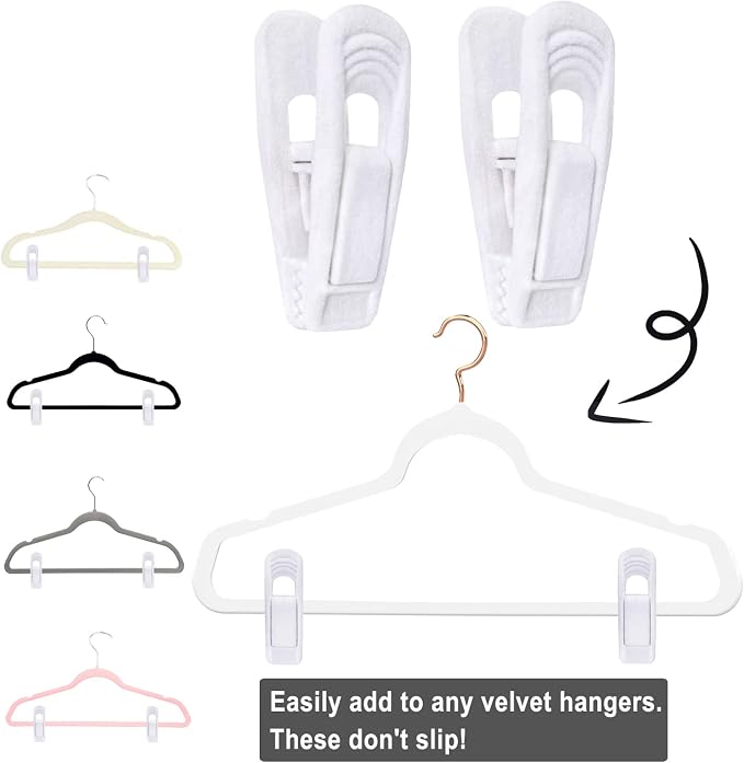 White Velvet Hangers Clips 40 PCS, Pants Hangers Velvet Clips Easily Add to - Image 3