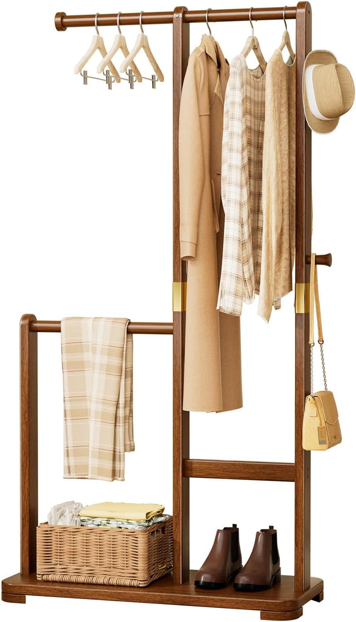 Solid Wood Coat Rack Freestanding Double Rod Clothes Rack Space Saving