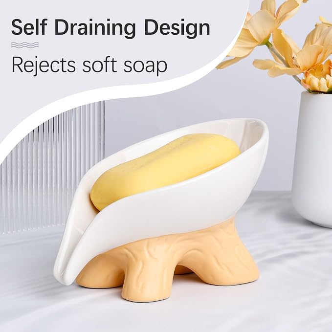 Soap Dish, Soap Holder Self Draining Leaf Shape Soap Dishes, Ceramic Draining - Image 5