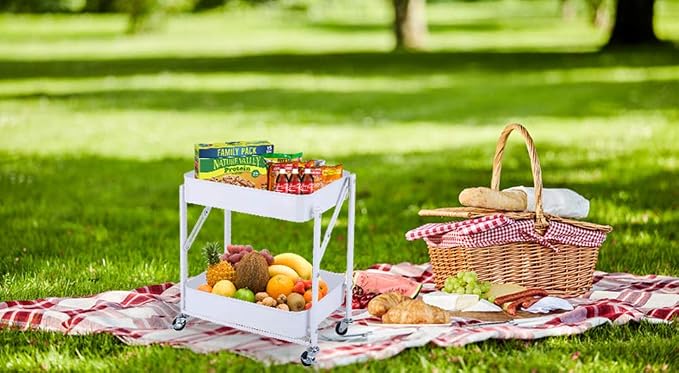 Melody House 2-Tier Metal Folding Rolling Cart, Mobile Utility Cart Trolley - Image 6