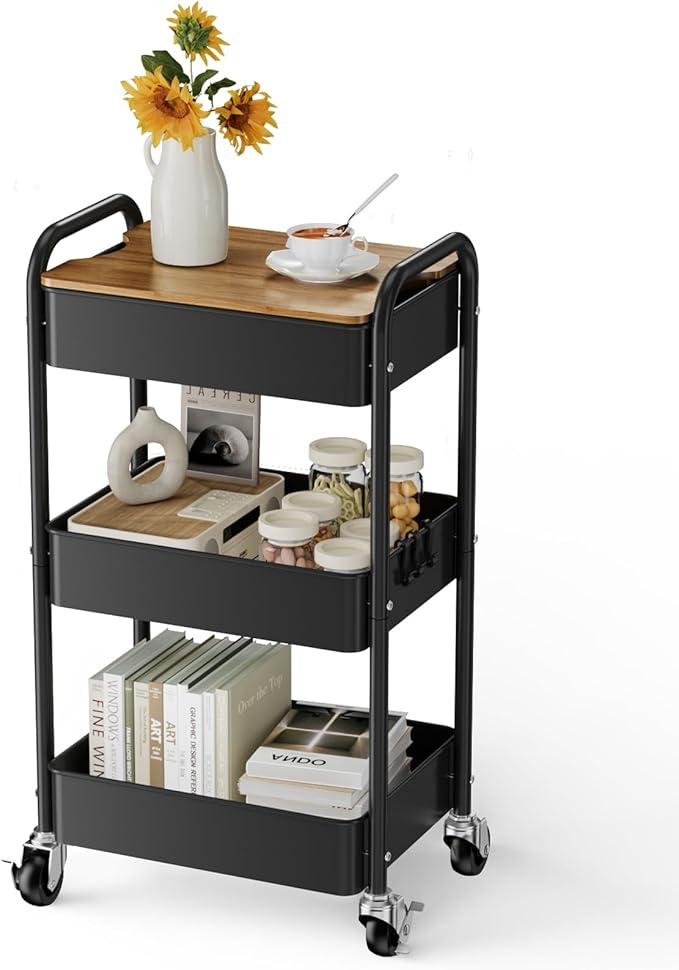 3 Tier Rolling Cart with Table top, Metal Utility Cart, Sturdy Storage by Johgee