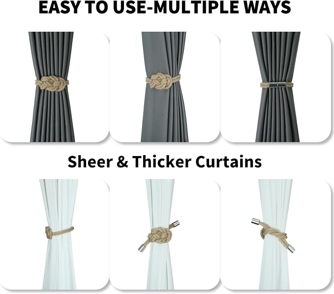 4 Pack Natural Jute Magnetic Curtain Tiebacks, Boho Rustic Style Decorative - Image 4