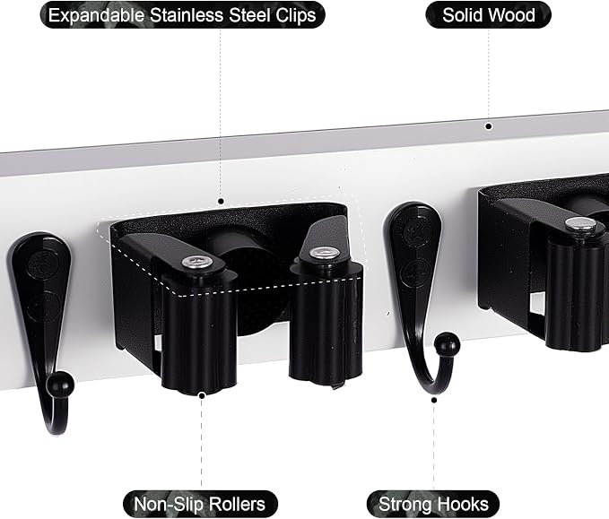 Broom Holder Wall Mount With 5 Slots & 4 Hooks，Rustic Wood Broom & Mop - Image 3