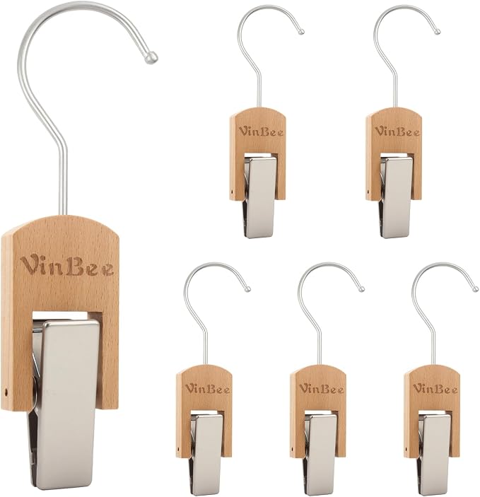 VinBee 6 PCS Hooks with Clips for Hanging, Wooden Laundry Hooks Hanging Clips by VinBee
