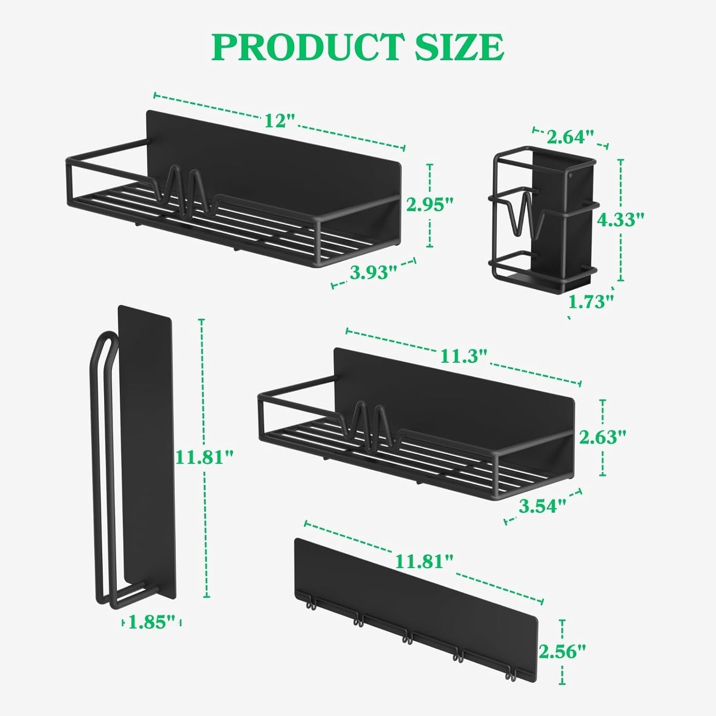 5-Pack Magnetic Spice Rack for Refrigerator, Black | Heavy Duty Magnetic Shelf, Paper Towel Holder Included, Utensils Racks & Hook Rail, Home Kitchen Laundry Room RV Storage