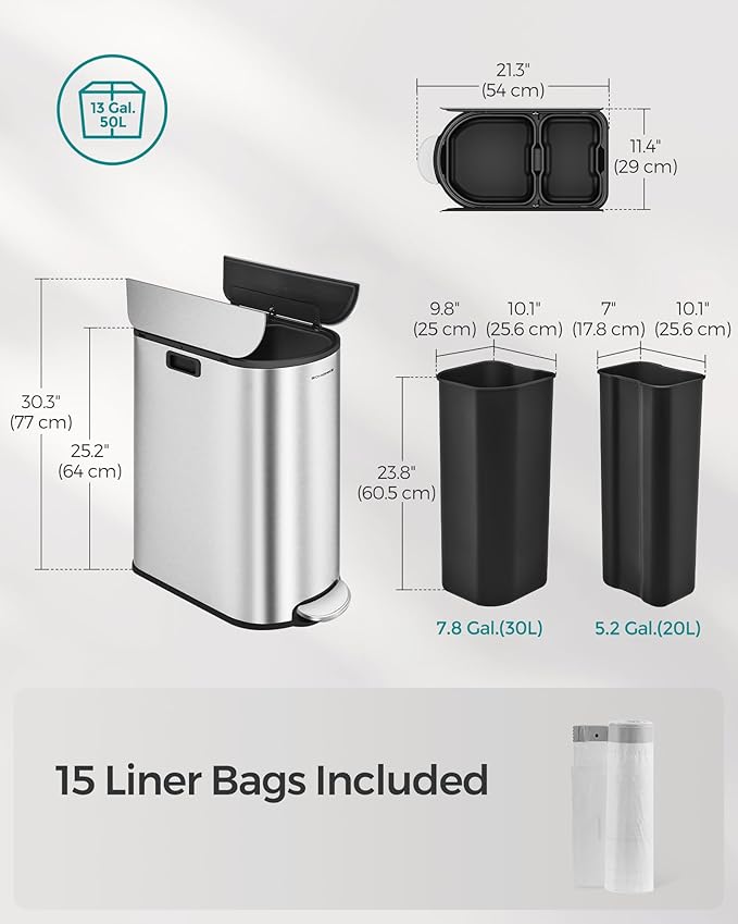 SONGMICS 13-Gallon Dual Kitchen Trash Can, 5.3 and 8 Gallon Compartments - Image 7