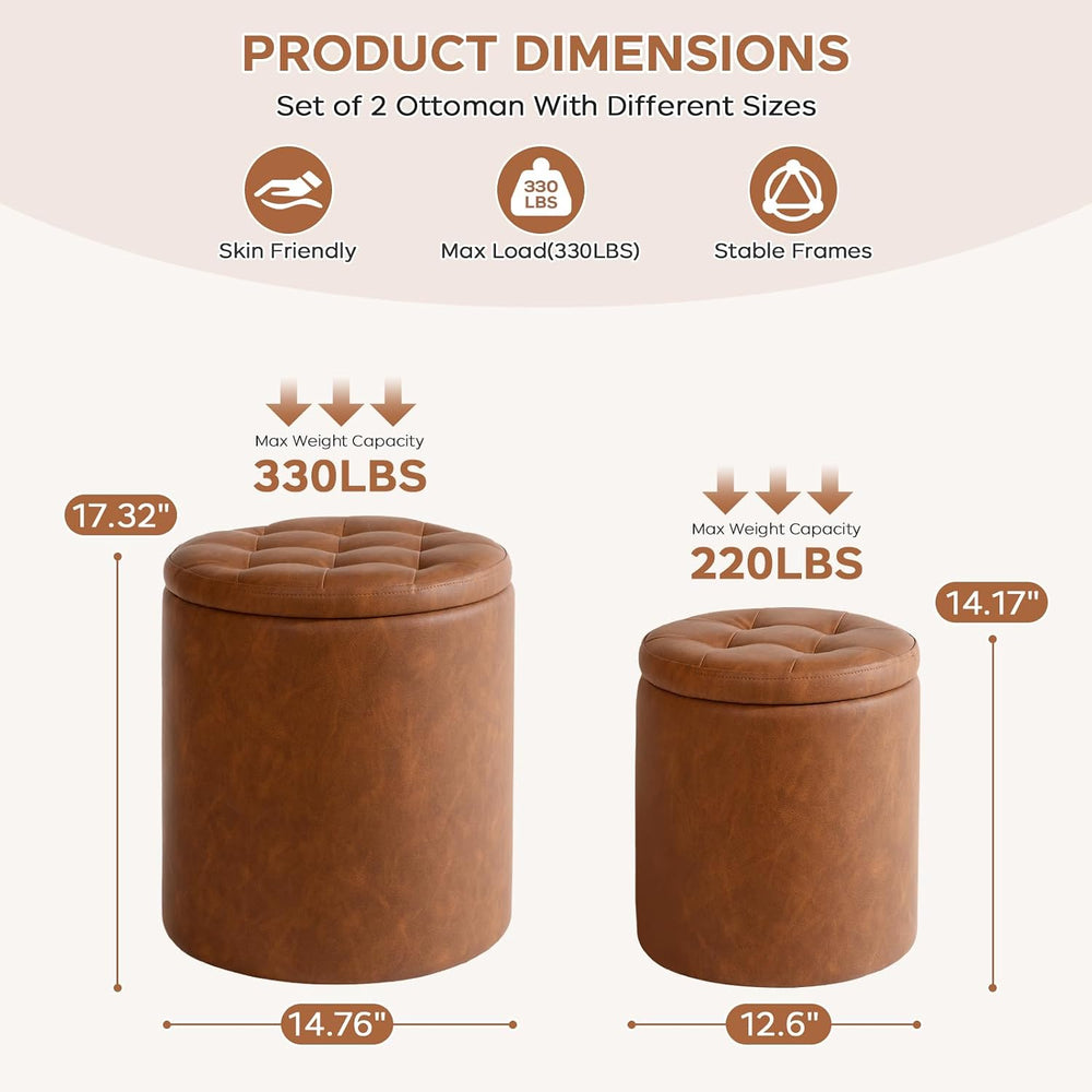 Round Ottoman with Storage Set of 2, 12.6"W x 14.17"H & 14.76&q...