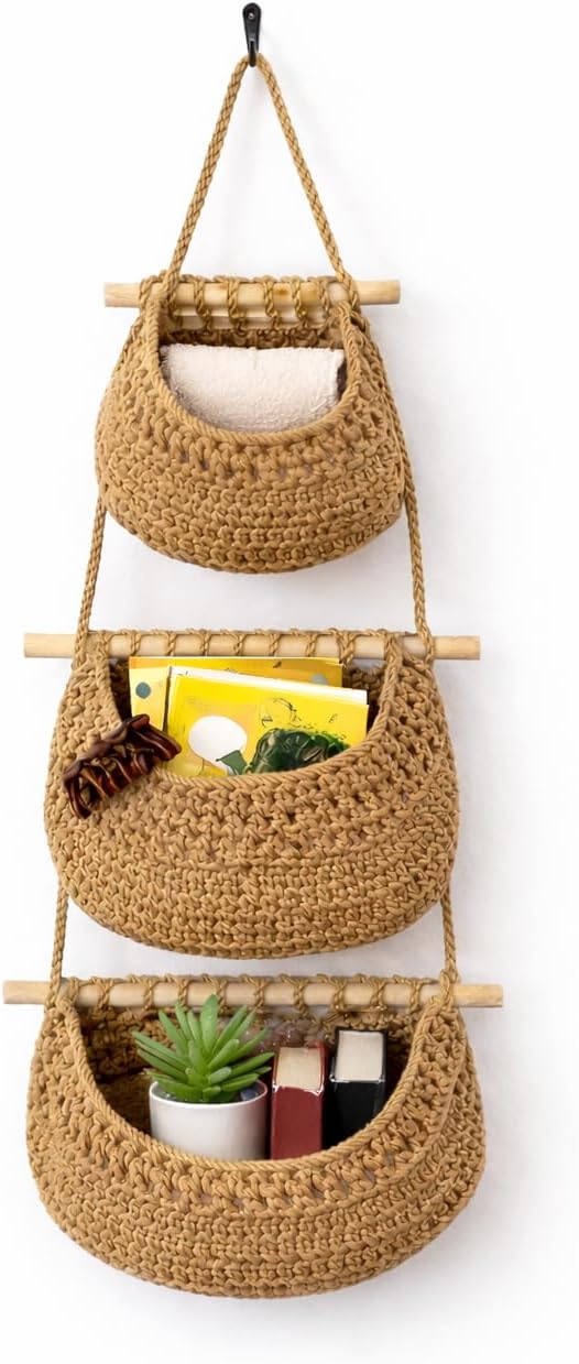 Hanging Wall Basket (3-Tier) Organizer – Cotton Rope Wall Storage for Bathroom, Kitchen & Nursery – Detachable Baskets + No-Drill Adhesive Hooks Included (Renter Friendly)