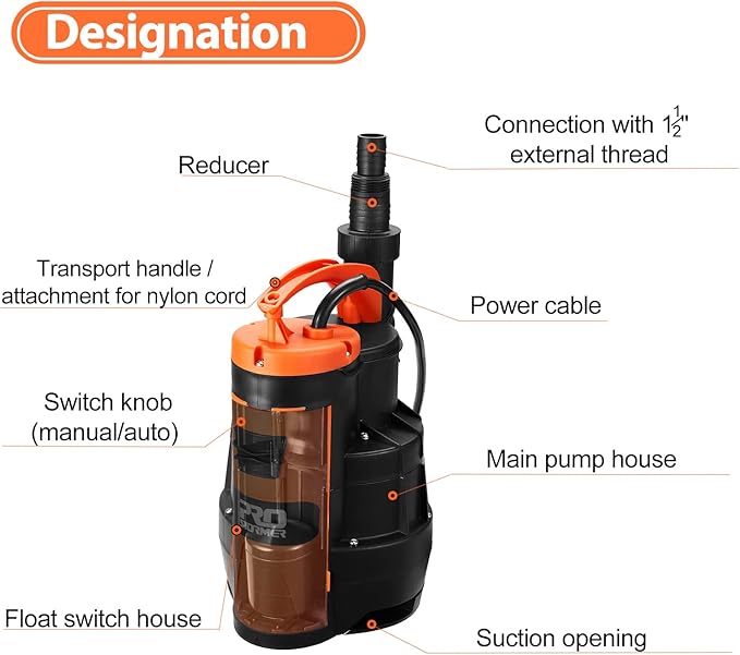 Prostormer Sump Pump, 1/2HP 2110GPH Sumbersible Water Pump, Portable Electric - Image 6