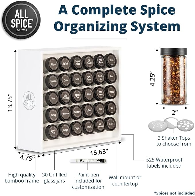 AllSpice Spice Rack Organizer, 525 Unique Labels, Countertop or Wall Mount - Image 3