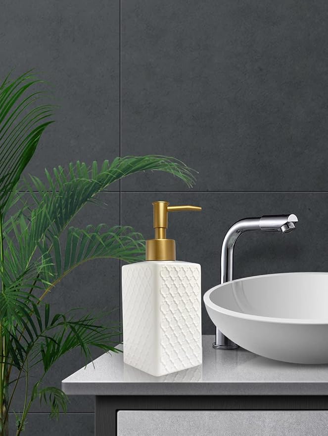 Gold Soap Dispenser for Bathroom, Retro White Square Lotion Dispenser, - Image 3