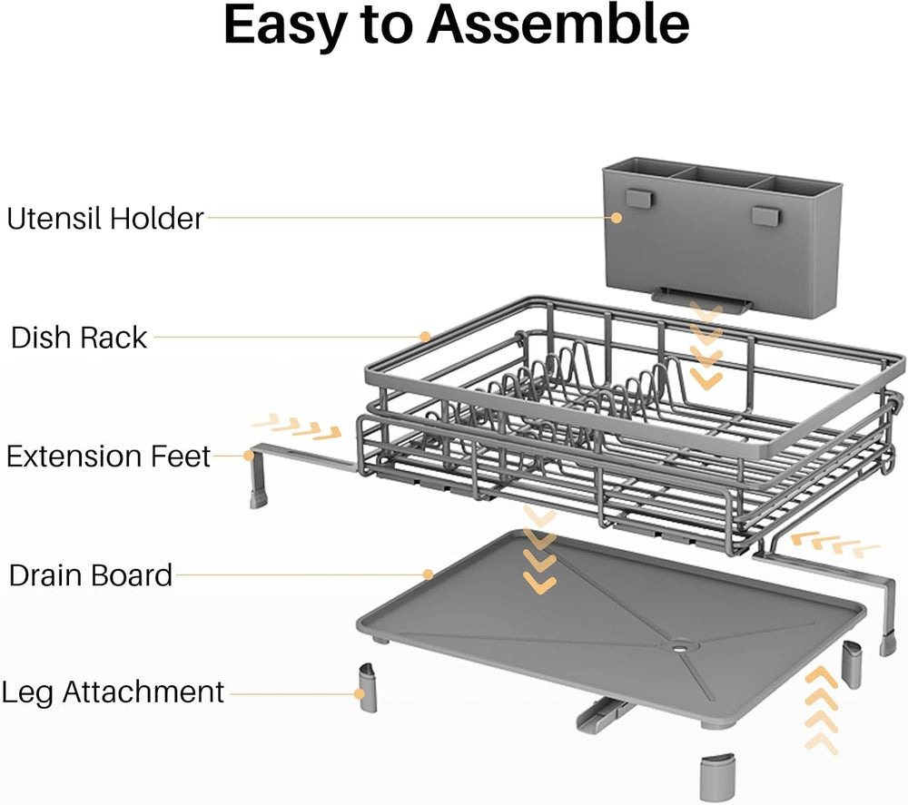 SNTD Expandable Dish Drying Rack for Kitchen Counter, Stainless Steel, Grey