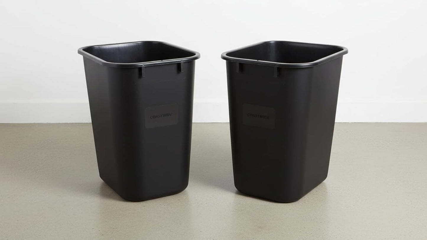 Coastwide Professional Indoor Trash Can Without Lid, Black, 3.5 Gal | Soft molded plastic waste bin for offices and breakrooms. 2-Pack.