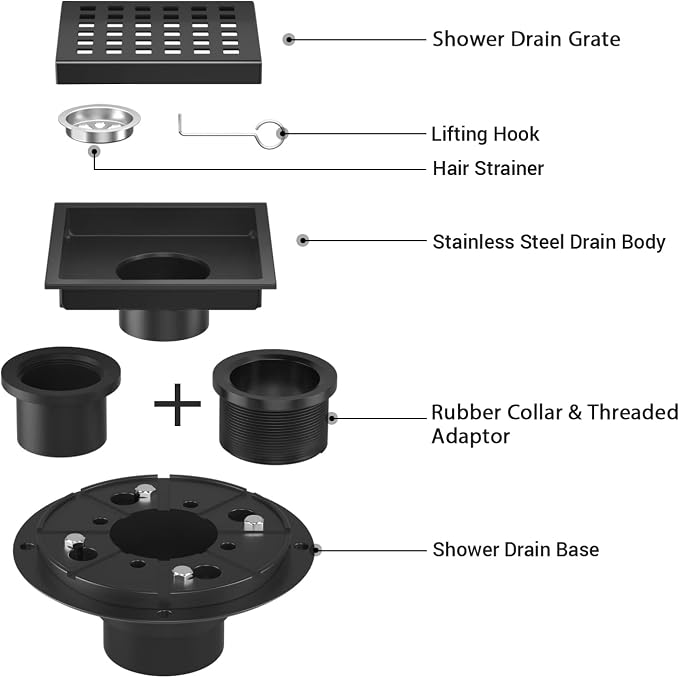 4-3/8 Inch Shower Drain Matte Black, Square Bathroom Floor Drain, Stainless - Image 2