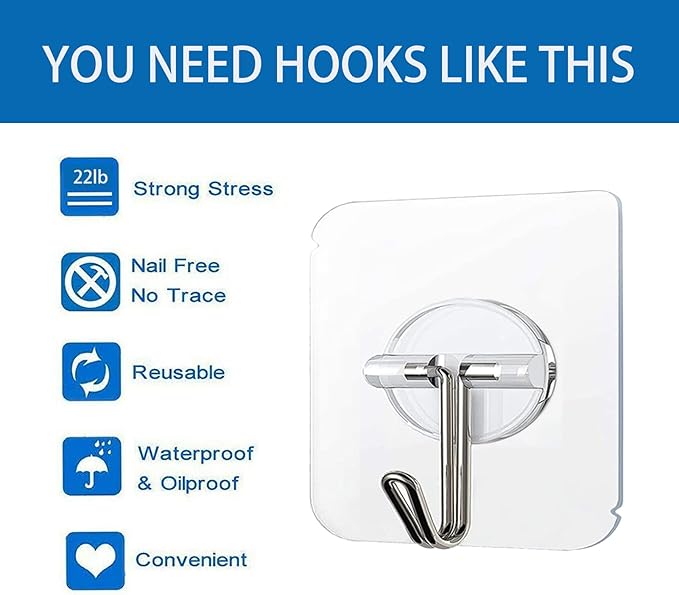 COLOGO 100 Pack Adhesive Hooks 24lb Heavy Duty Self Adhesive Hooks, Transparent - Image 2