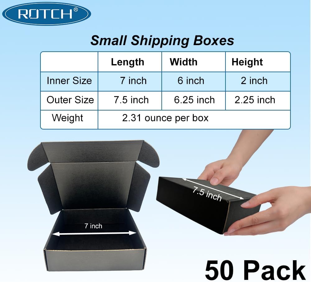 ROTCH 50 Pack 7x6x2'' Small Shipping Boxes Black, Cardboard Corrugate...