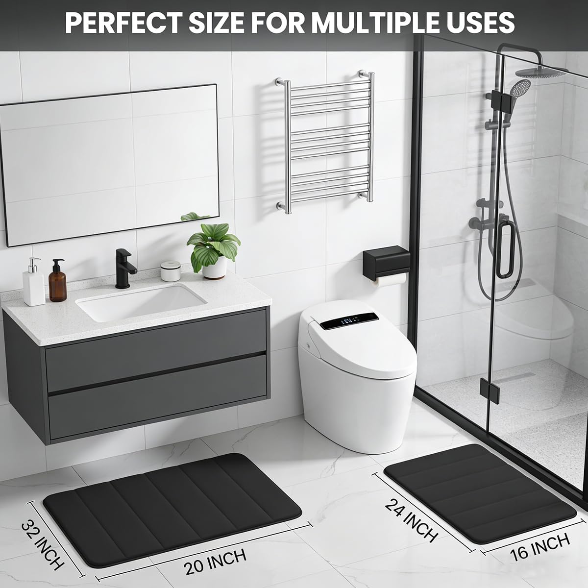 Black Bathroom Rugs Set 2 Piece Memory Foam Bath Rugs Non-Slip Bath Mat,Washable Room Mats,Absorbent Shaggy Rug Super Soft Kitchen Mats, Batroom Carpets for Bathroom,Tub,Shower Home Decor