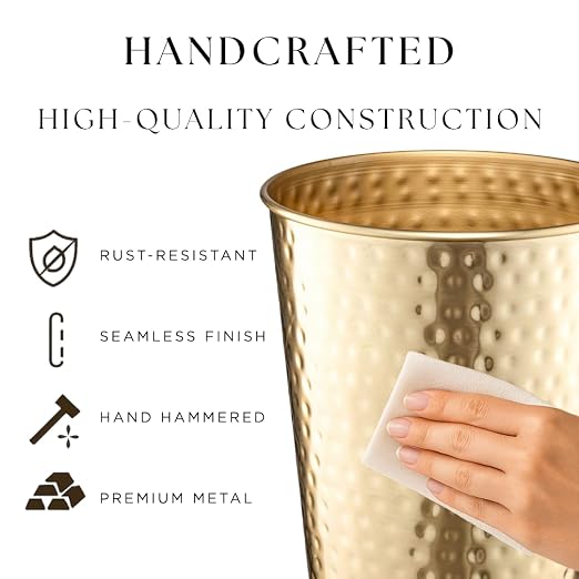 Monarch Abode Brushed Gold Hand Hammered Metal Wastebasket - Image 2