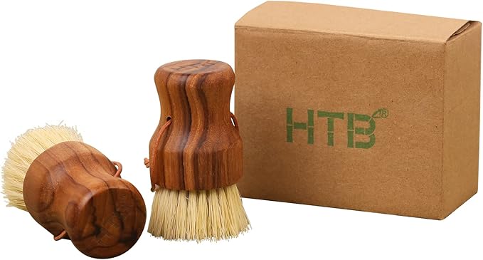 Teak Dish Scrub Brush 2PCS by HTB, Good Grip Small Wooden Dish Brush by HTB