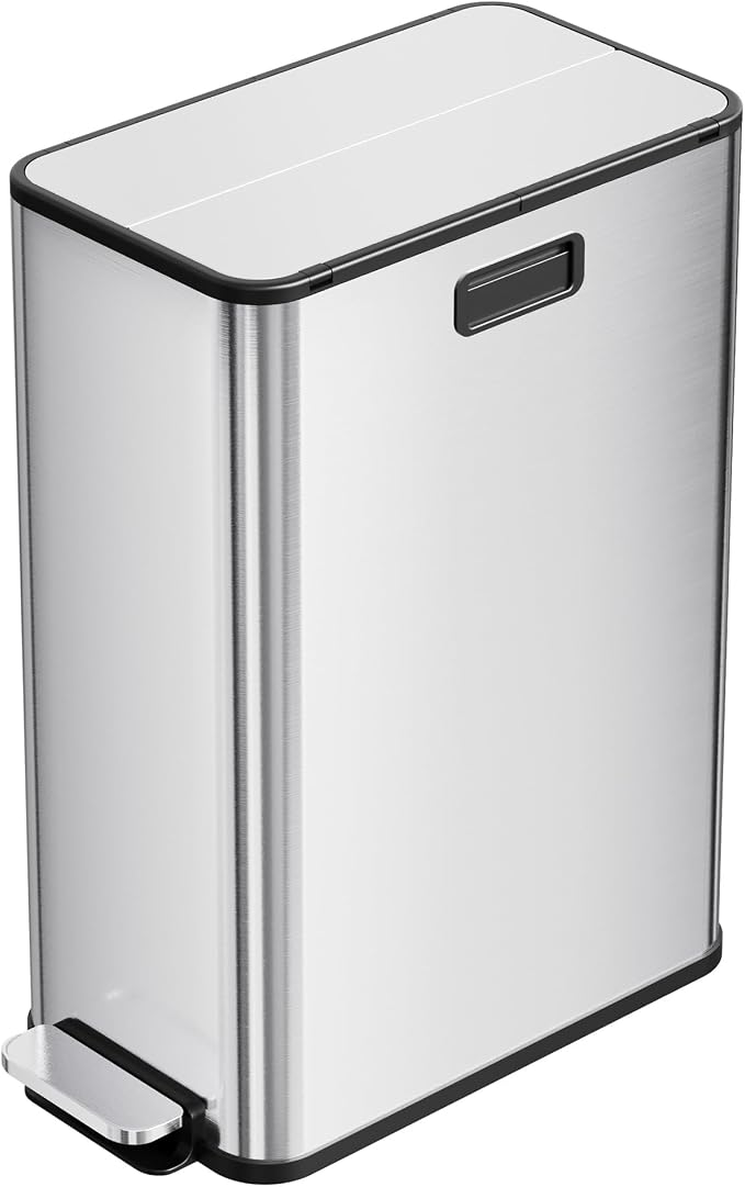 2 x 7.4 Gal Slim Trash Can, Stainless Steel Dual Compartment Step-On Recycling - Image 8