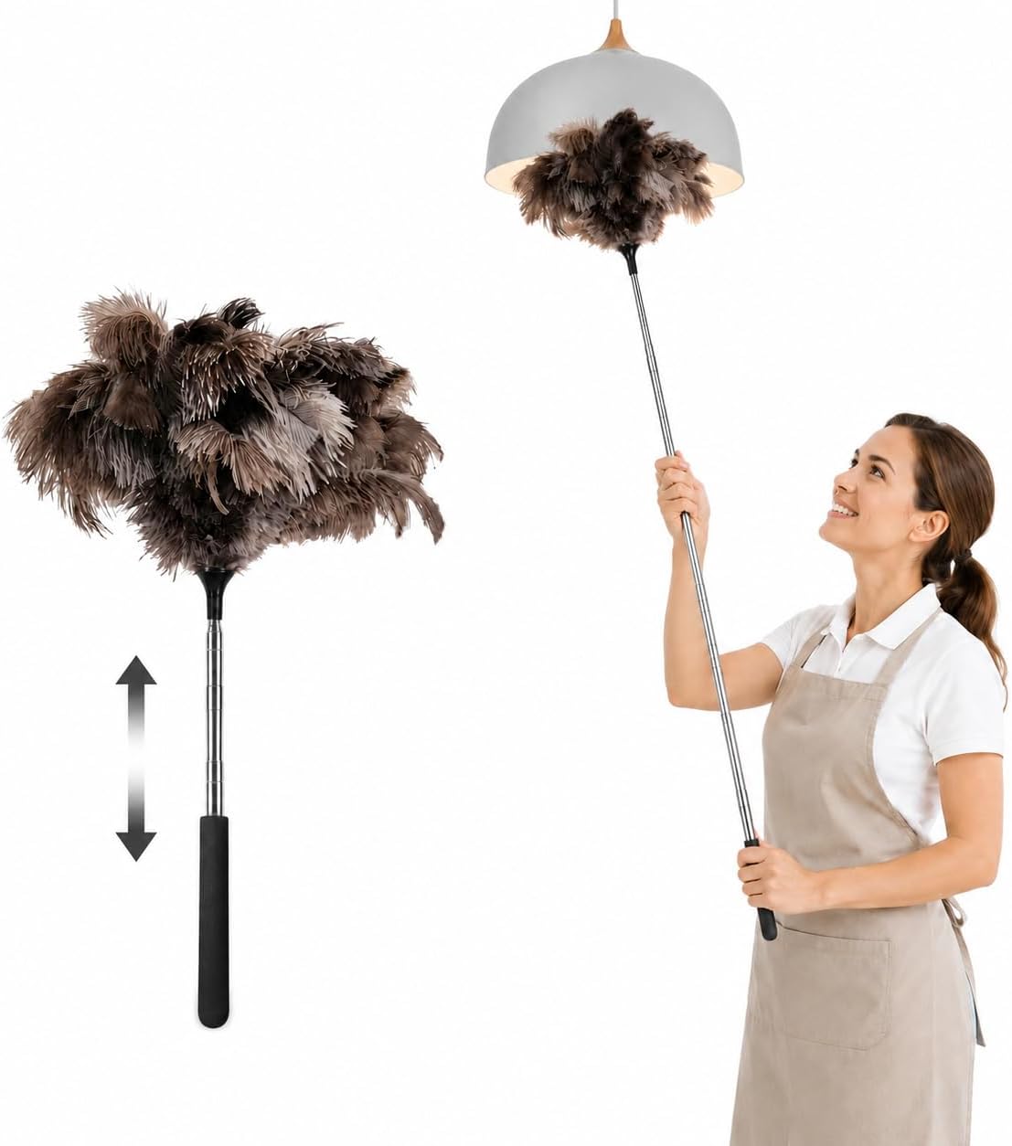 Ostrich Feather Duster for Cleaning, Extendable 17 to 40 Inches Fluffy Duster, Ideal for Ceiling Fans, Lamps, Blinds and Furniture