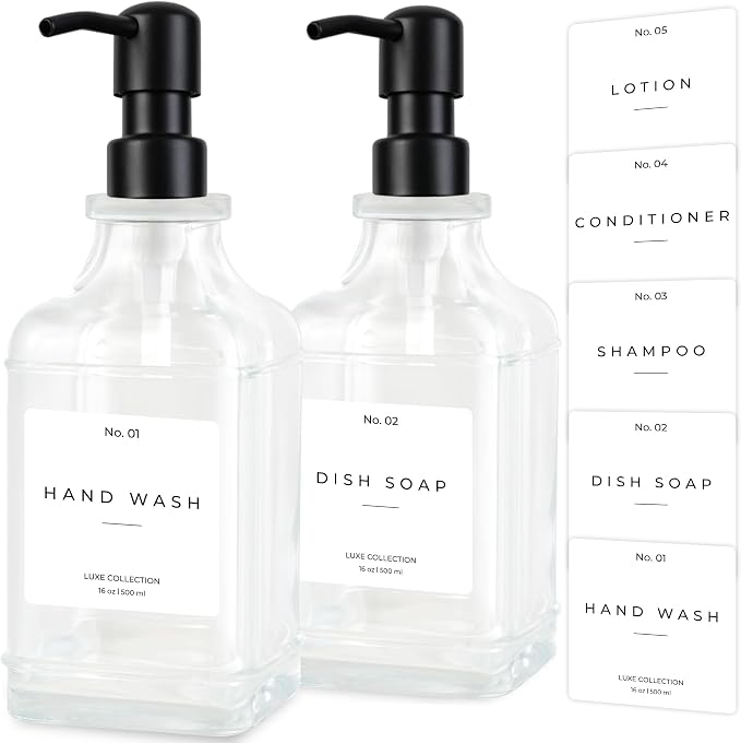 Emerson Essentials Glass Soap Dispenser Set – 16 oz 2-Pack – Refillable Dish & by Emerson+Essentials