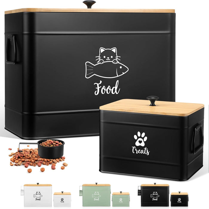 Reallnaive 2 Pcs Large Metal Cat Food Storage Containers 12+3.5 Lbs Decorative Pet Treat Snack Jars Airtight Bamboo Lids & Dry Food Scoop for Farmhouse Kitchen Counter Decor, Pet Owner Gifts(Black)